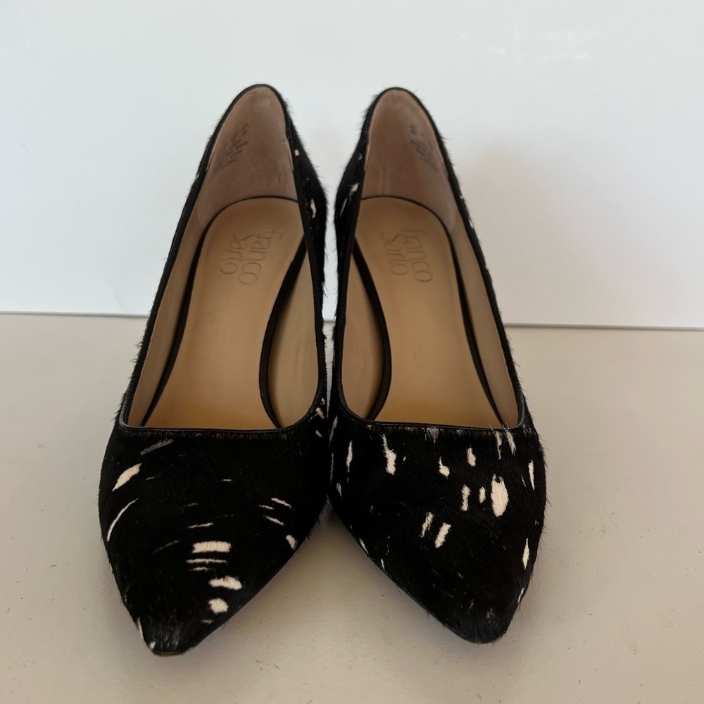 Franco Sarto Leather Cow Hair Black and White 3.35” Palma Pointy Toe Pump, 8M - Picture 3 of 10